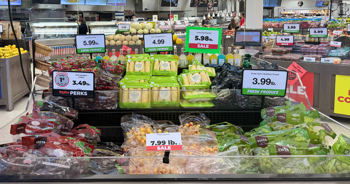 Fresh fruit and vegetable display inside a Hy-Vee grocery store in Columbia, Missouri.